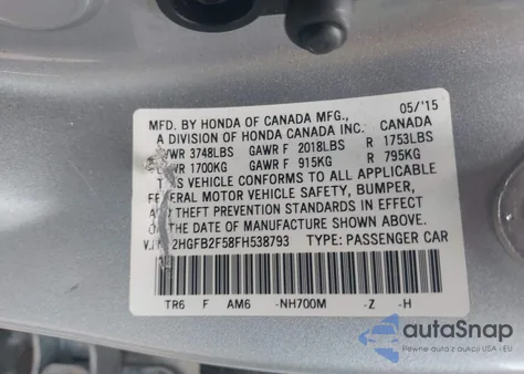 2015 Honda Civic Lx from USA, damaged, VIN 2HGFB2F58FH538793